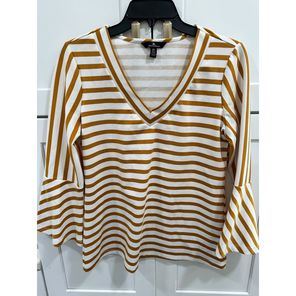 Jules & Leopold Striped Blouse Bell Sleeve V-Neck Top Casual Cute Small